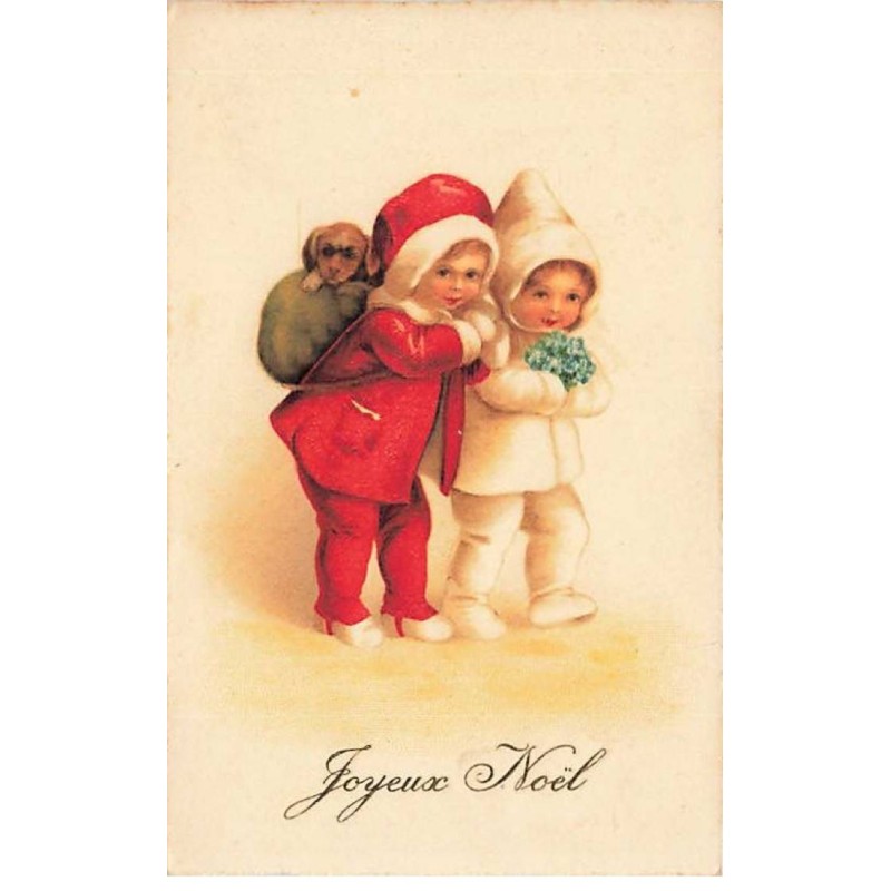 n°25175 - Clapsaddle - Joyeux Noël - Deux enfants l'un portant dans son sac à dos un petit teckel