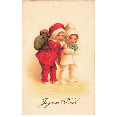 n°25175 - Clapsaddle - Joyeux Noël - Deux enfants l'un portant dans son sac à dos un petit teckel