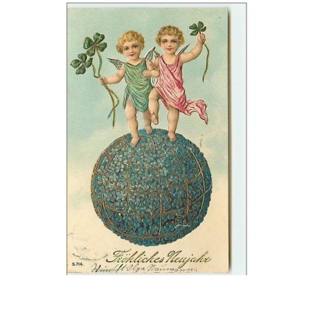 n°10132 - Carte Fantaisie Gaufrée - Fröhliches Neujahr - Angelots sur un Globe