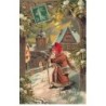 n°25178 - Carte Gaufrée - Joyeux Noël - Père Noël s'approchant d'un village