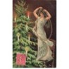 n°25179 - Carte Gaufrée - Noël - Ange gardien décorant un sapin