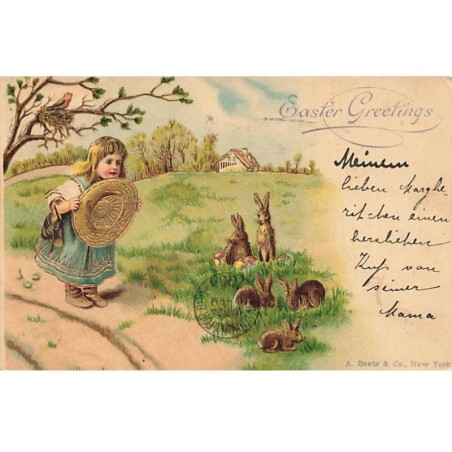 n°25182 - Carte Gaufrée - Pâques - Easter Greetings - Fillette regadant des lièvres