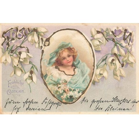 n°25184 - Clapsaddle - Fröhliche Ostern - Jeune fille dans un médaillon entourée de fleurs