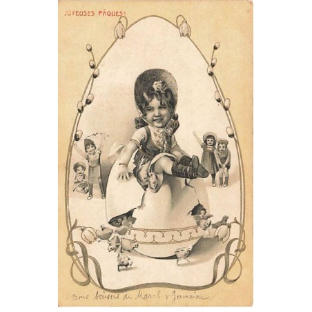 n°25185 - Joyeuses Pâques - Fillette assise sur un oeuf d'où sortent des poussins