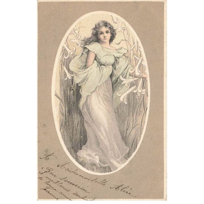n°25195 - Fantaisie - Clapsaddle - Jeune femme au milieu de fleurs, dans un médaillon