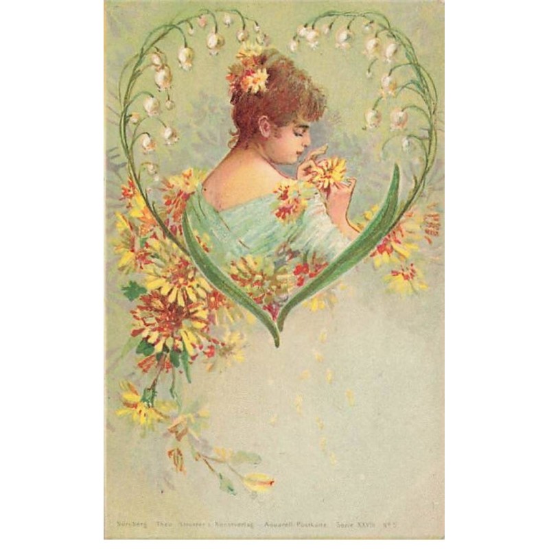 n°25202 - Theo Stroefer's - Jeune femme s'attachant au col une fleur, sour un coeur en muguet