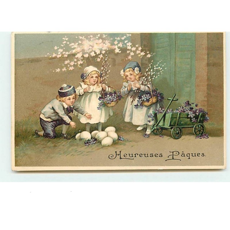 n°11933 - Carte Gaufrée - Heureuses Pâques - Enfants ramassant des oeufs