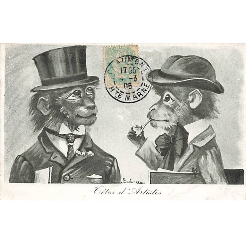 n°25206 - Illustrateur - Boulanger - Deux singes habillés avec des costumes, l'un fumant la pipe