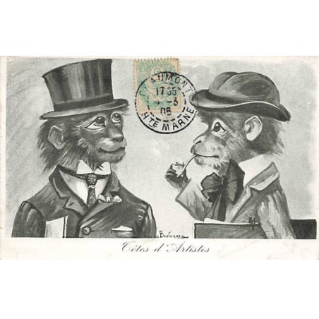 n°25206 - Illustrateur - Boulanger - Deux singes habillés avec des costumes, l'un fumant la pipe
