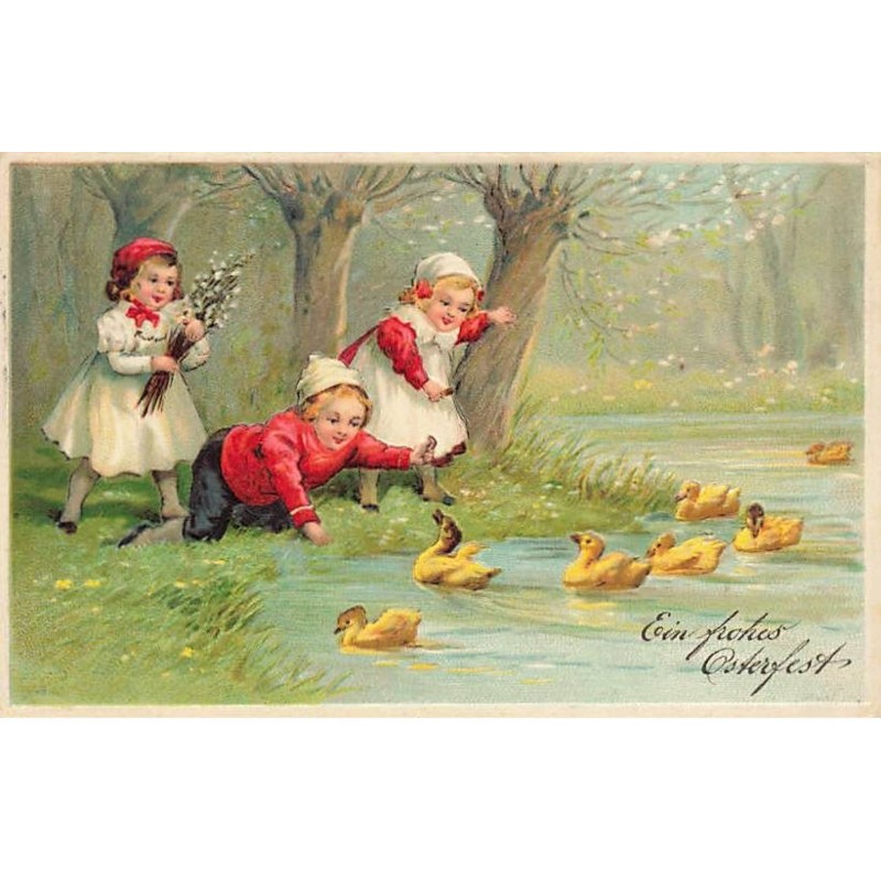 n°25207 - Carte Gaufrée - Pâques - Ein frohes Osterfest- Enfants jouant pèrs d'une mare avec des cannetons
