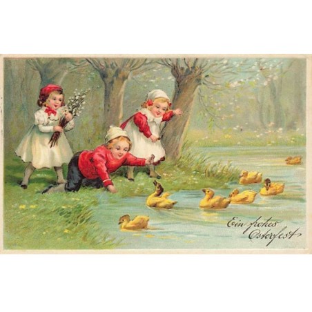 n°25207 - Carte Gaufrée - Pâques - Ein frohes Osterfest- Enfants jouant pèrs d'une mare avec des cannetons