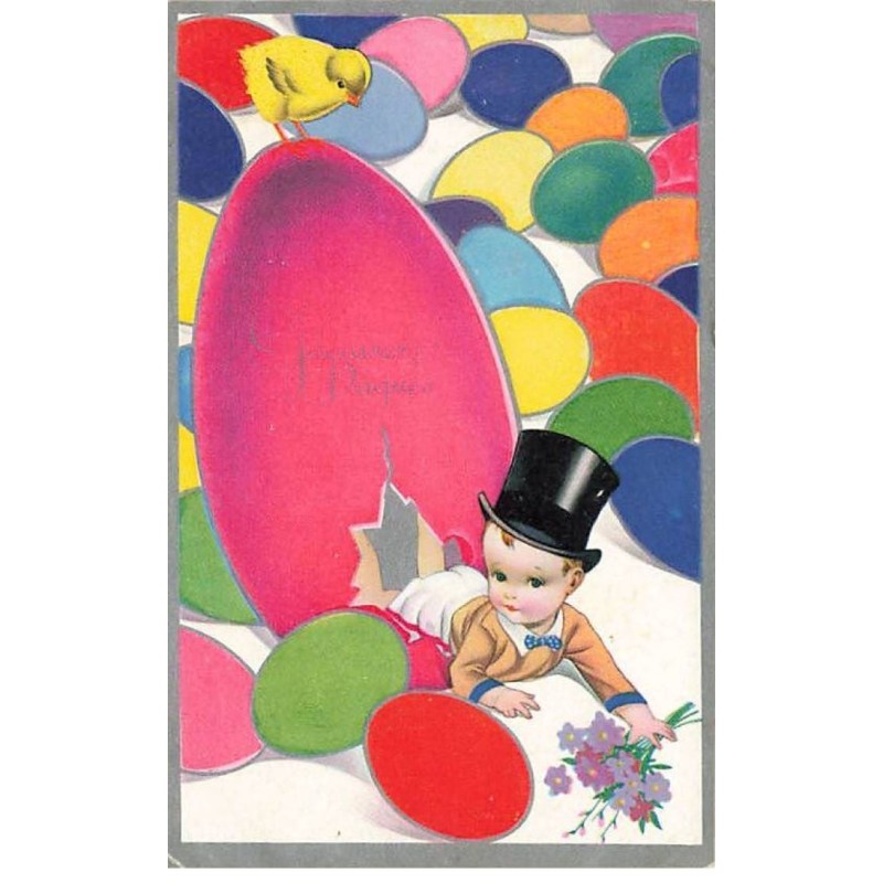 n°25208 - Joyeuses Pâques - Garçon portant un haut de forme tombant en sortant d'un oeuf