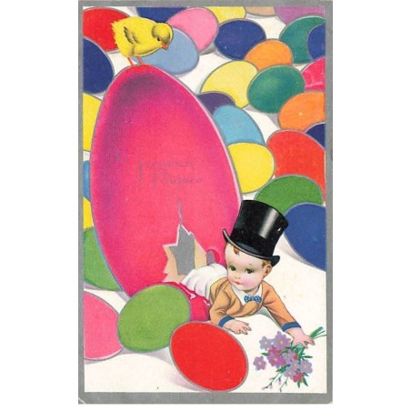 n°25208 - Joyeuses Pâques - Garçon portant un haut de forme tombant en sortant d'un oeuf