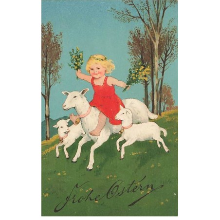 n°25209 - Pâques - Flatscher - Frohe Ostern - Fillette à califourchon sur le dos d'un mouton