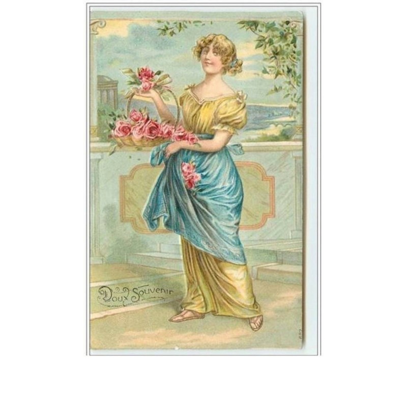 n°2521 - Carte Gaufrée - Doux Souvenir - Femme avec une corbeille de roses