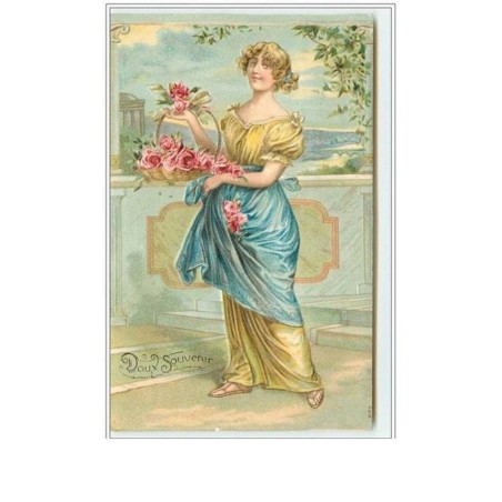 n°2521 - Carte Gaufrée - Doux Souvenir - Femme avec une corbeille de roses