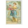 n°2521 - Carte Gaufrée - Doux Souvenir - Femme avec une corbeille de roses