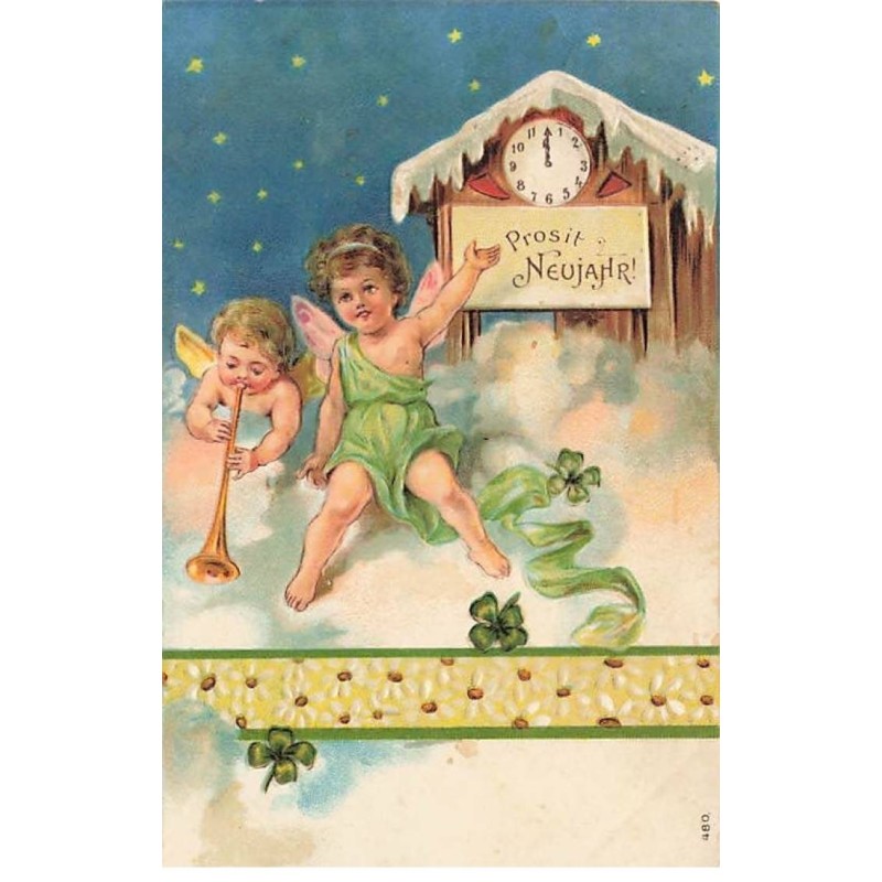 n°25210 - Carte Gaufrée - Nouvel An - Enfants près d'une pendule, l'un jouant de la trompette