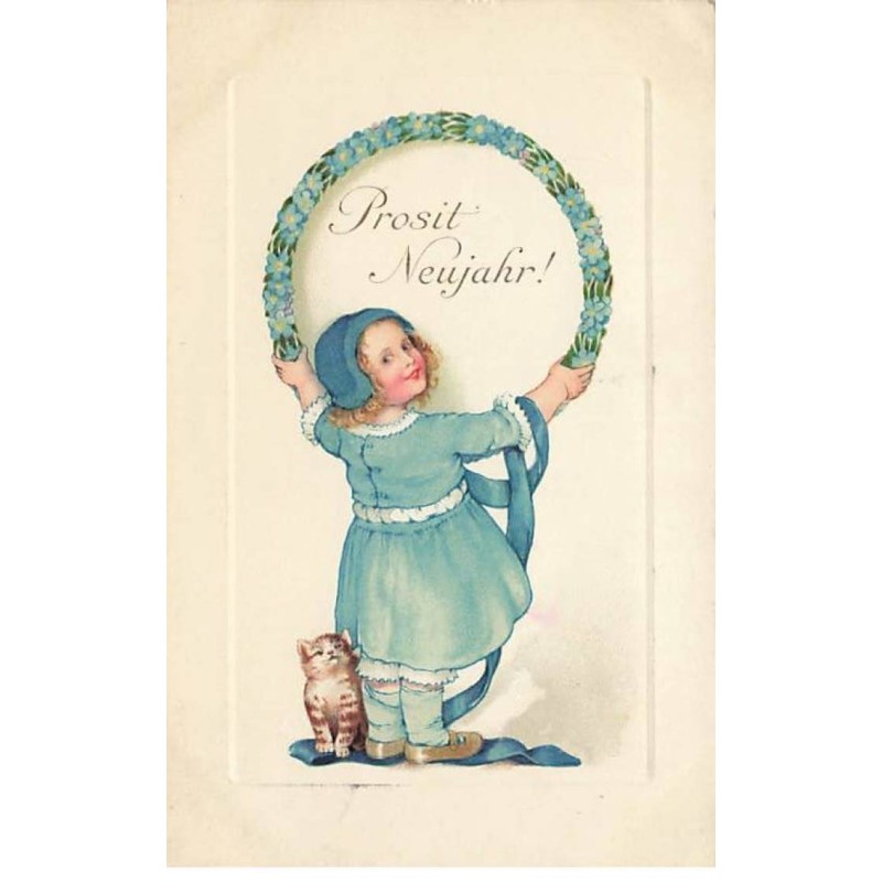 n°25211 - Nouvel An - Flatscher - Fillette accrochant une couronne faite en myosotis, avec un chat à ses pieds