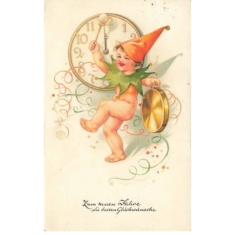 n°25214 - Nouvel An - Zum neuen Jahre die besten Glückwünsche - Enfant frappant sur une cymbale près d'une pendule
