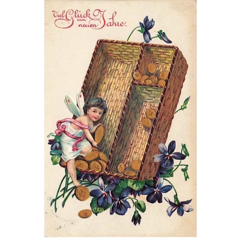 n°25216 - Carte Gaufrée - Nouvel An - Ange avec des pièces d'or au milieu de violettes