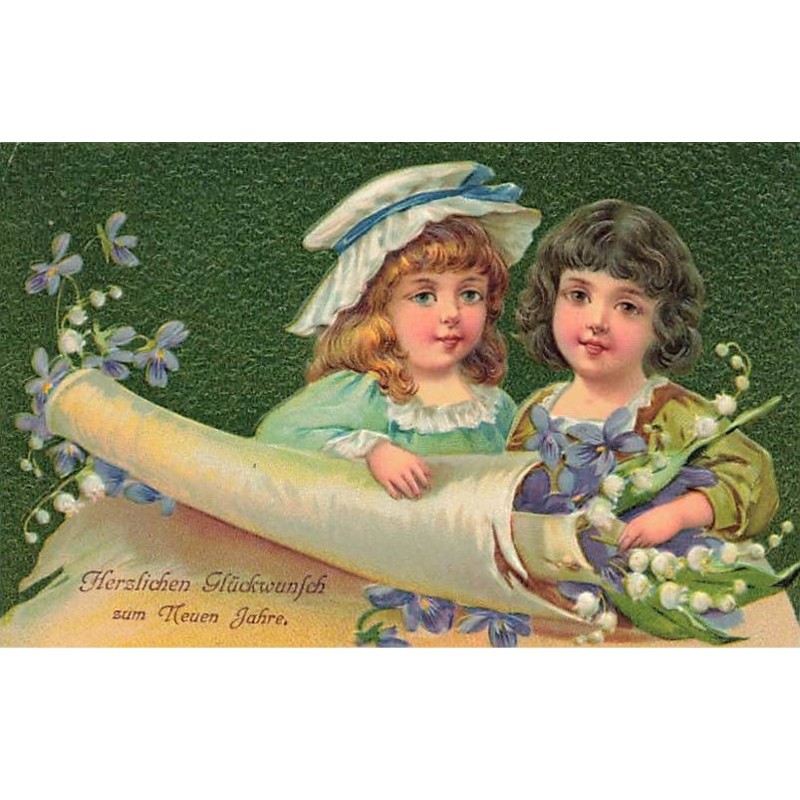 n°25219 - Carte Gaufrée - Nouvel An - Enfants près de muguet et de violettes