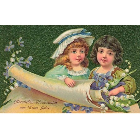 n°25219 - Carte Gaufrée - Nouvel An - Enfants près de muguet et de violettes