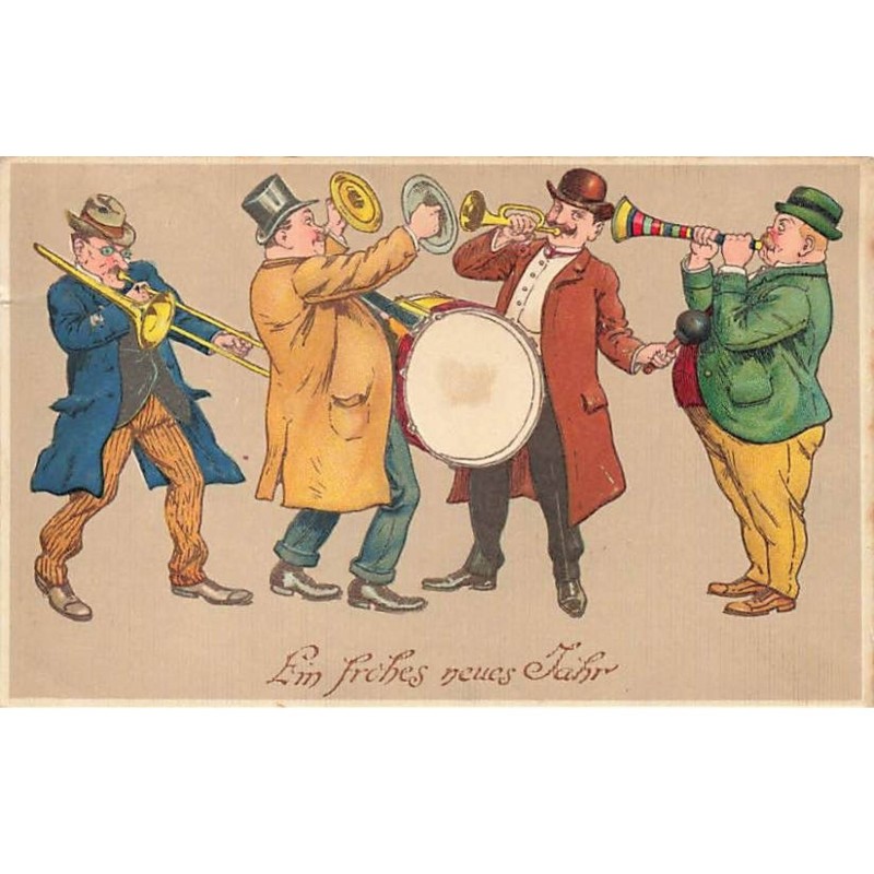 n°25221 - Carte Gaufrée - Nouvel An - Hommes jouant dans une fanfare