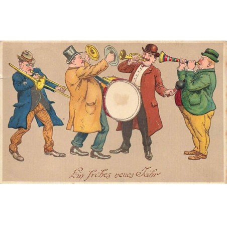 n°25221 - Carte Gaufrée - Nouvel An - Hommes jouant dans une fanfare