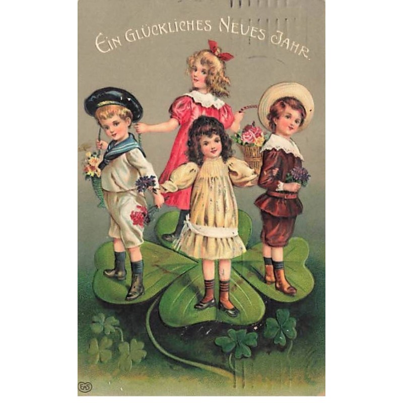 n°25222 - Carte Gaufrée - Nouvel An - Enfants avec des bouquets, sur un trèfle