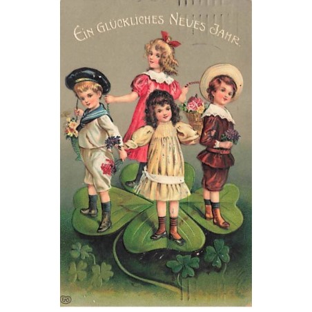 n°25222 - Carte Gaufrée - Nouvel An - Enfants avec des bouquets, sur un trèfle
