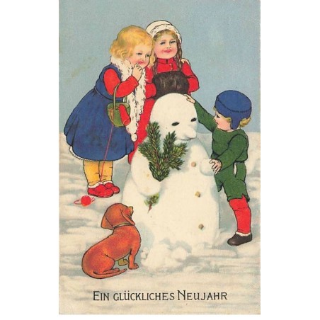 n°25223 - Nouvel An - Flatscher - Enfants autour d'un bonhomme de neige, avec un teckel
