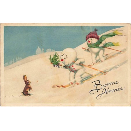 n°25224 - Bonne Année - Bonhommes de neige humanisés descendant en ski