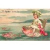 n°25225 - Carte Gaufrée - Clapsaddle - Bonne Année - Fillette sur le dos d'un poisson