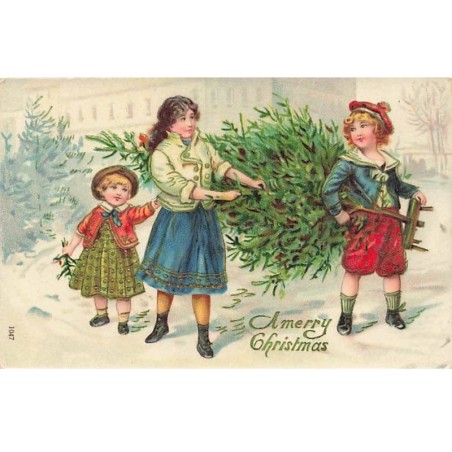 n°25226 - Carte Gaufrée - Noël - A Merry Christmas - Enfants transportant un sapin