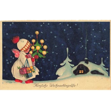 n°25228 - Noël - Herzliche Weihnachtsgrüsse - Ange apportant un sapin et des cadeaux près d'une maison
