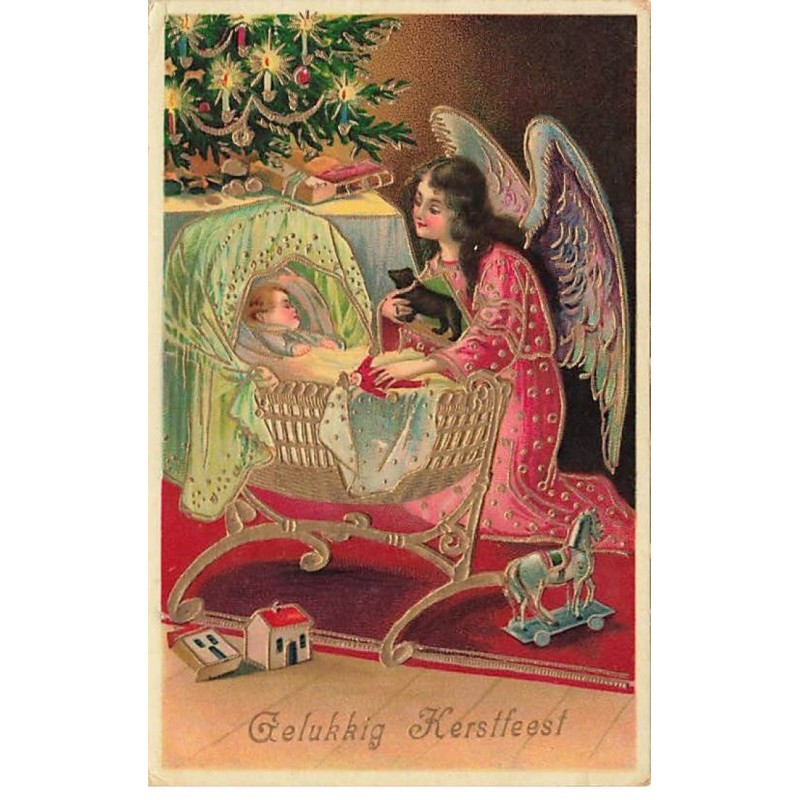 n°25229 - Carte Gaufrée - Noël - Gelukkig Kerstfeest - Ange gardien veillant sur un bébé dormant