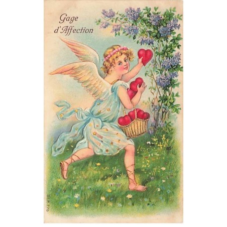 n°25232 - Carte Gaufrée - Gage d'Affection - Ange avec des coeurs près d'un lilas
