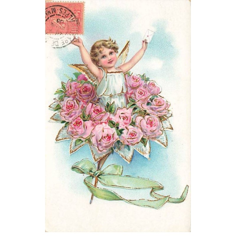 n°25233 - Carte Gaufrée - Ange au milieu  d'un bouquet de roses
