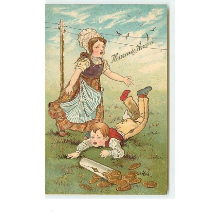 n°11938 - Carte Gaufrée - Heureuse Année - Garçon tombant en ramassant des pièces d'or