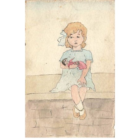 n°25234 - Carte Peinte à la Main - Fillette assise sur un mur, tenant une poupée