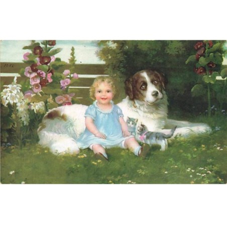 n°25237 - Flatscher - Fillette assis près d'un chien dans l'herbe avec des chats