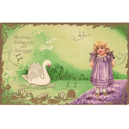 n°25245 - Carte Gaufrée - Fantaisie - Herzlichen Glückwunsch zum Geburtstage - Cygne près d'une fillette