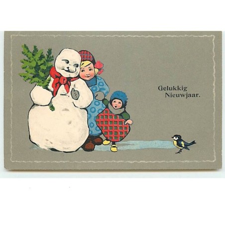 n°11941 - Gelukkig Nieuwjaar - Fillette près d'un bonhomme de neige