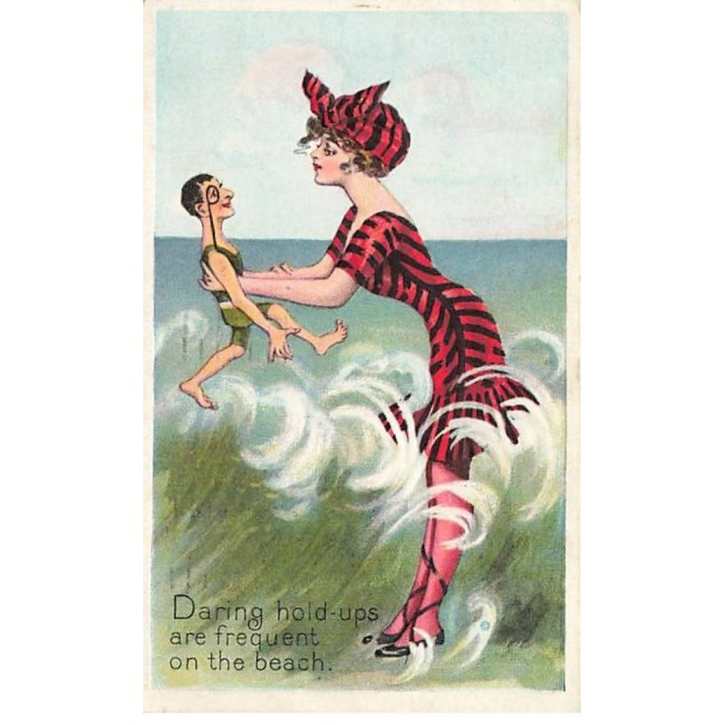 n°25249 - Carte Gaufrée - Fantaisie - Daring hold ups ... beach - Femme portant un petit homme, en tenue de bain