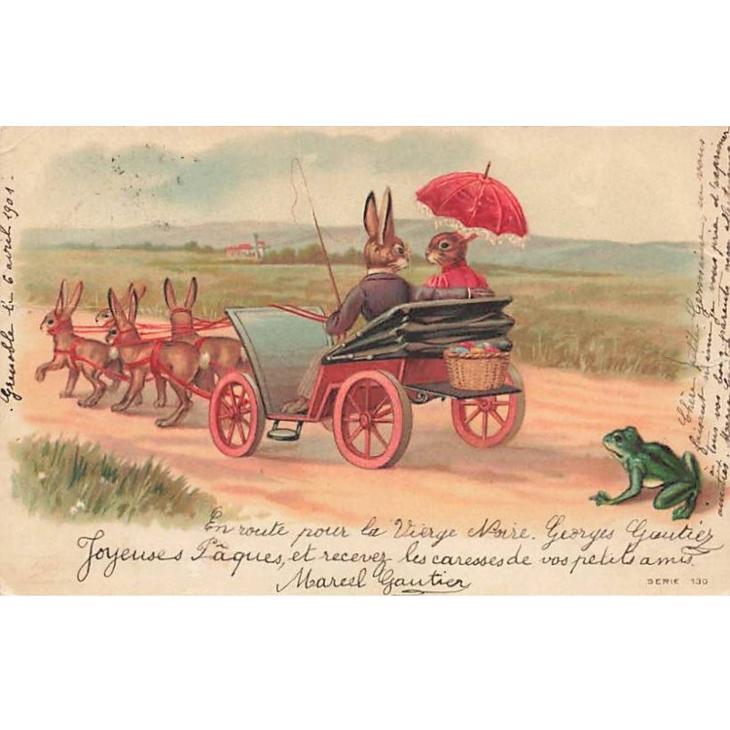 n°25250 - Fantaisie - Animaux habillés - Lièvres dans une calèche, regardée par une grenouille - Vendue en l'état