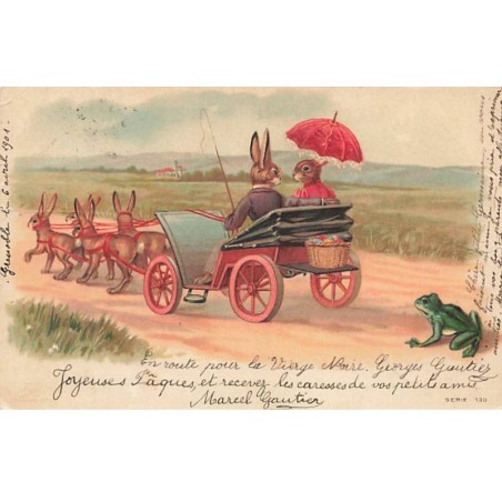 n°25250 - Fantaisie - Animaux habillés - Lièvres dans une calèche, regardée par une grenouille - Vendue en l'état
