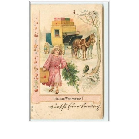 n°2526 - Carte Gaufrée - Fröhliche Weihnachten - Fillette à coté d'une diligence