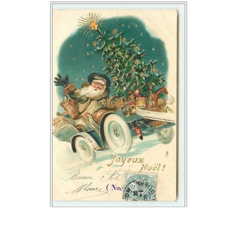n°2529 - Carte légèrement Gaufrée - Joyeux Noël - Père Noël livrant les cadeaux dans une voiture