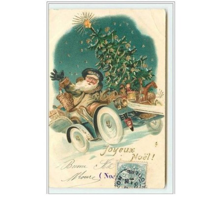 n°2529 - Carte légèrement Gaufrée - Joyeux Noël - Père Noël livrant les cadeaux dans une voiture